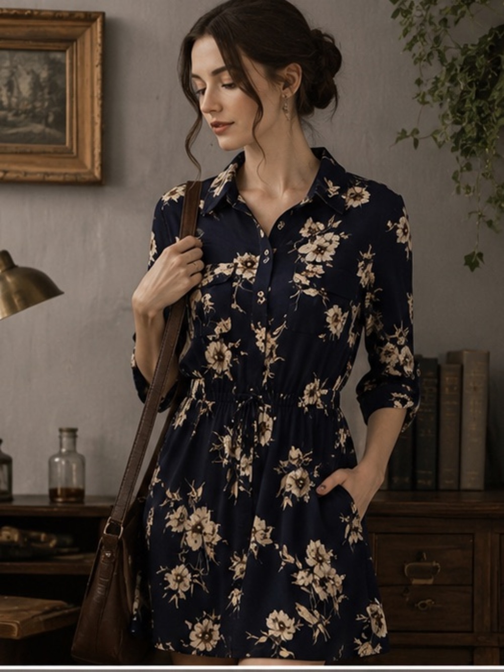Luxology Navy Floral Rolled Sleeves Cottagecore Dark Academia Office Dress Small